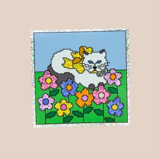 flower kitty ~ vinyl sticker (glitter)