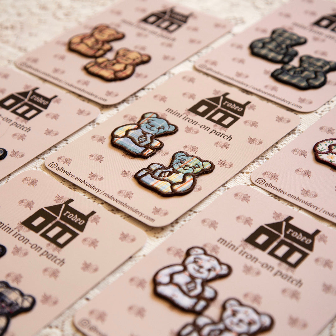 office teddies (blue check) ~ mini patch set