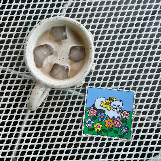 flower kitty ~ vinyl sticker (glitter)