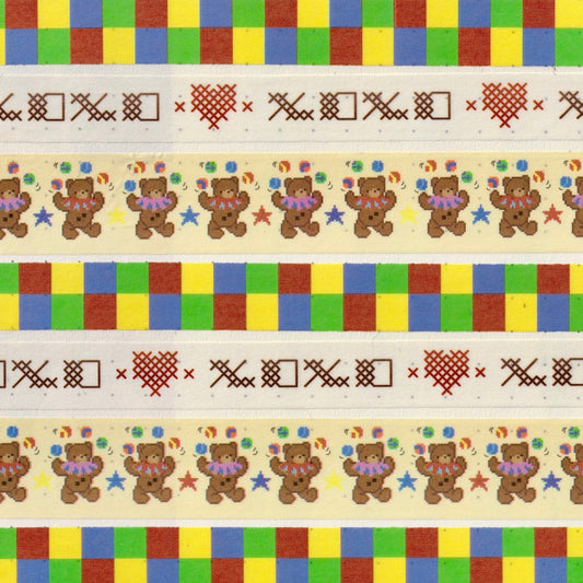 Pattern with teddy bears, hearts, and checkered blocks on a beige background